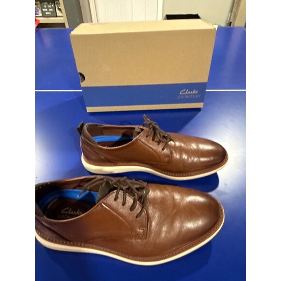 Clarks Brantin Plain Dark Tan Leather Mens Shoes Size 10W
